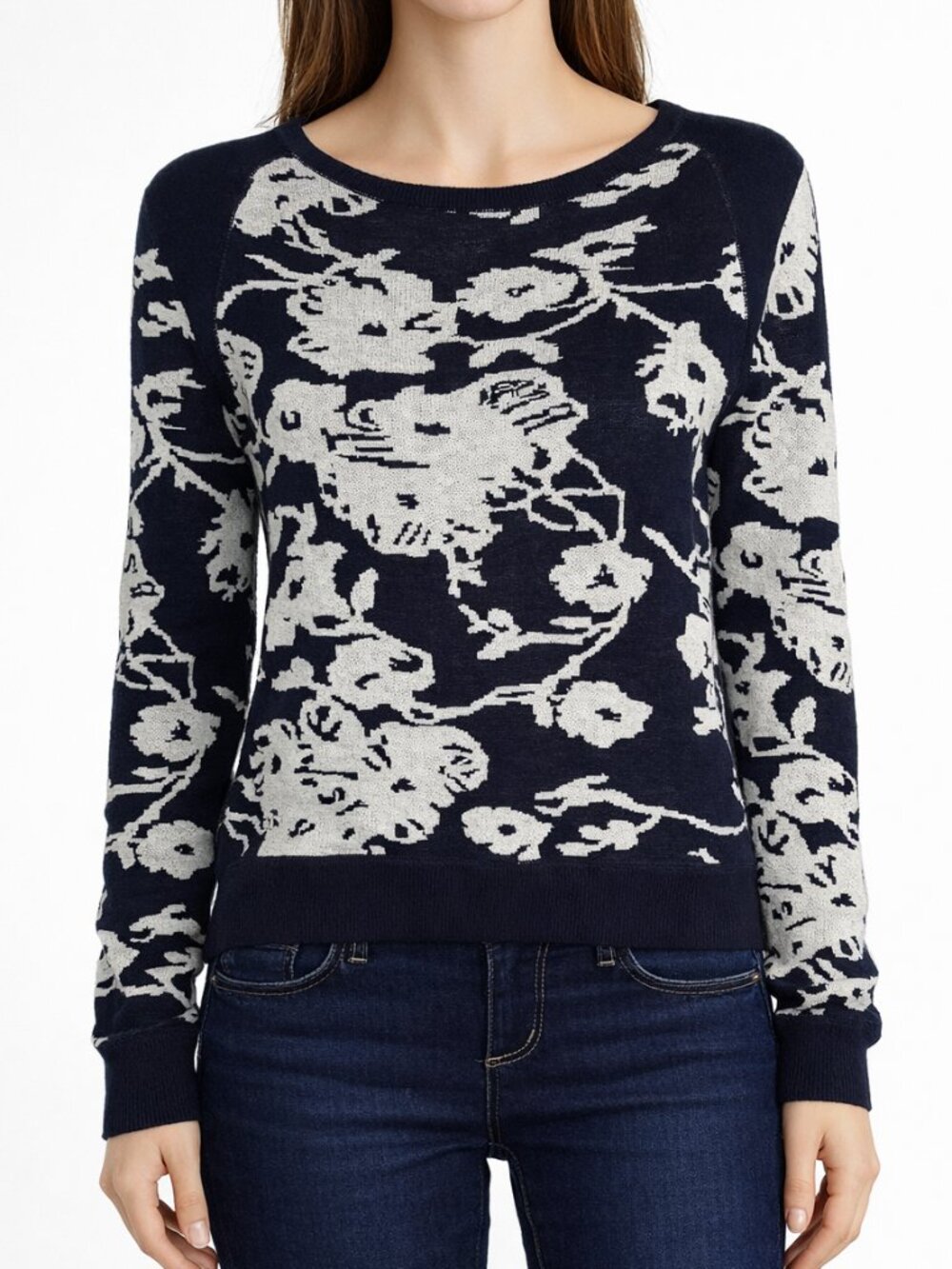 NWT Joan Vass Floral Cotton Knit Sweater Side Zip Navy Size 0